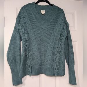 Telluride Clothing Knit Western Style Fringe V-Neck Sweater Jade Green Medium